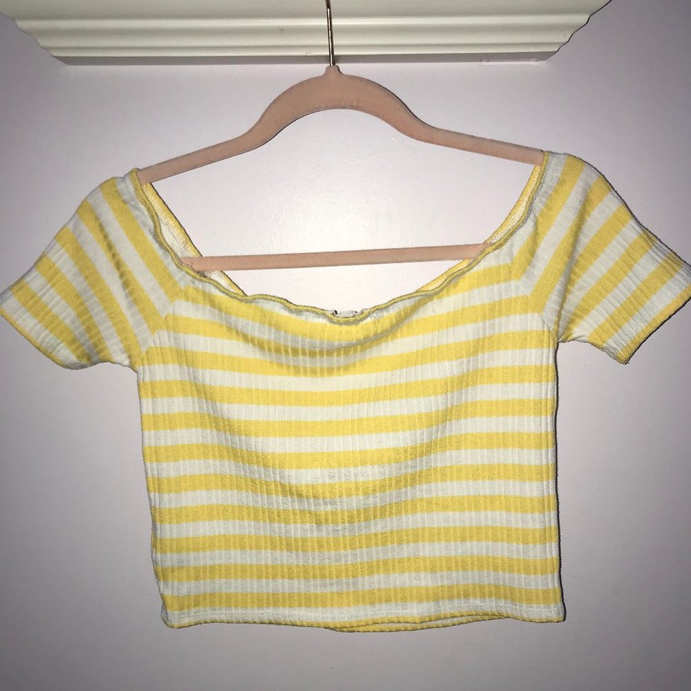 Yellow and White Striped Off-The-Shoulder Crop Top - Picture 2 of 4